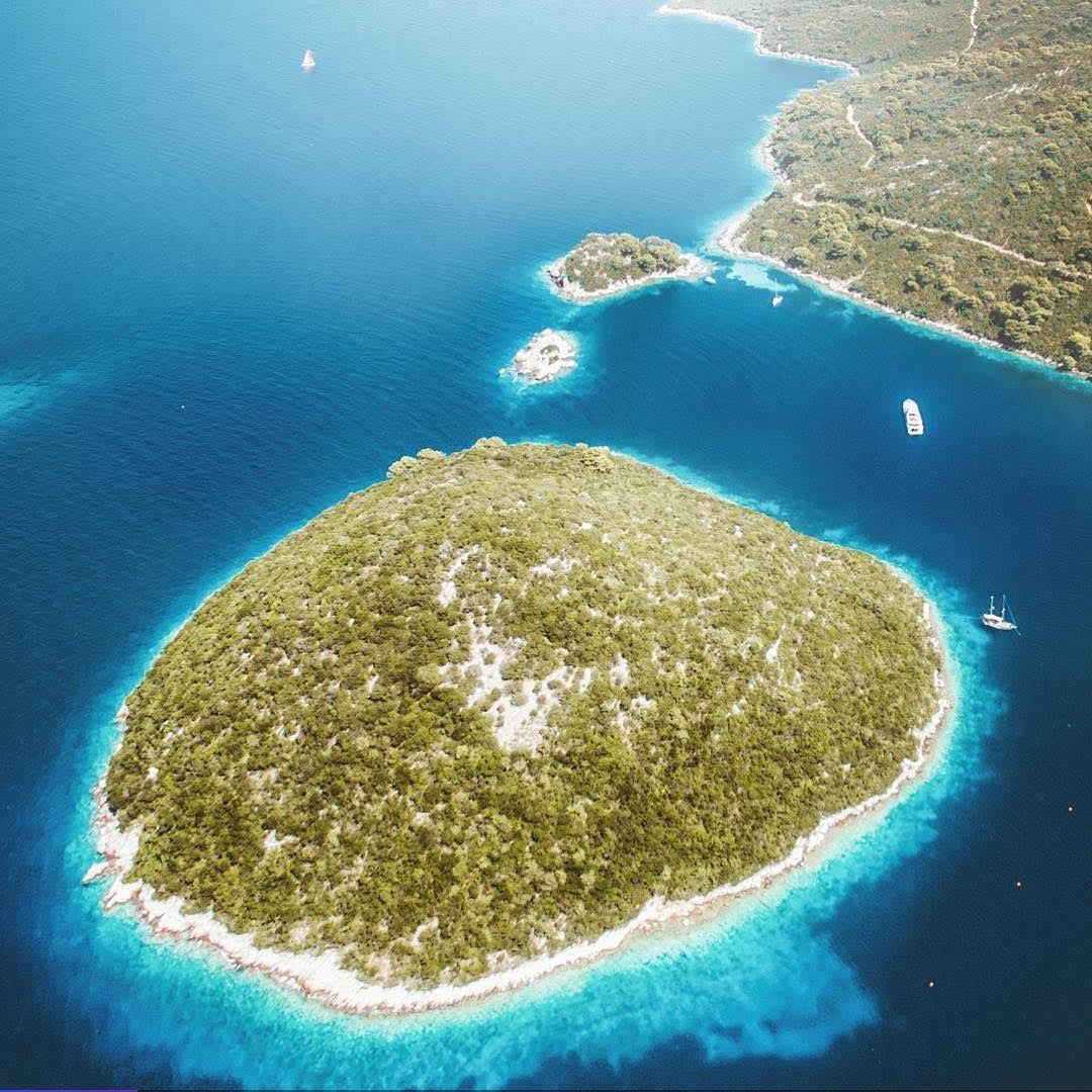 Aerial of a forested islet ringed by turquoise water, Mljet