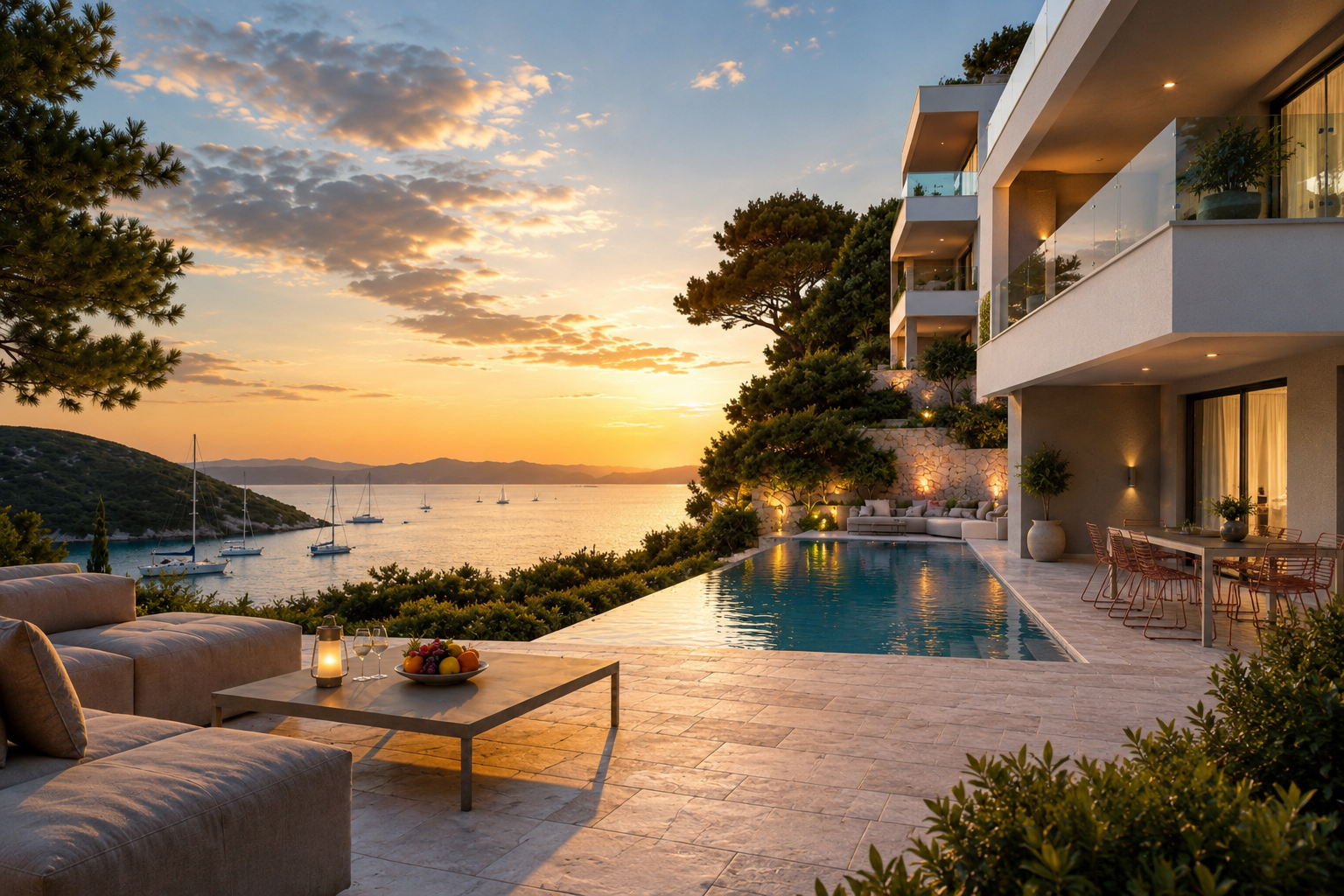 Villa 1 — terrace and pool at golden hour